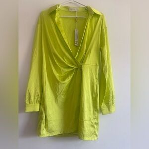 Meshki Allie Satin Wrap Shirt Dress Lime Green Size S